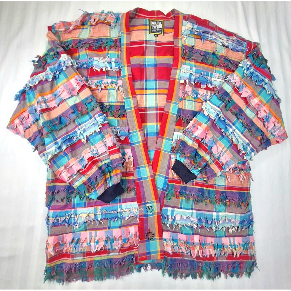 Paula Sweet Muslin Mink Plaid Shredded Fringe Jacket Multi Color Cotton Medium